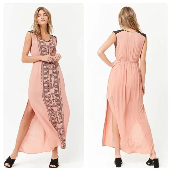 NWT Grayson Boho Pink Black Lace Shoulder Detail Maxi Dress Small - Picture 2 of 14